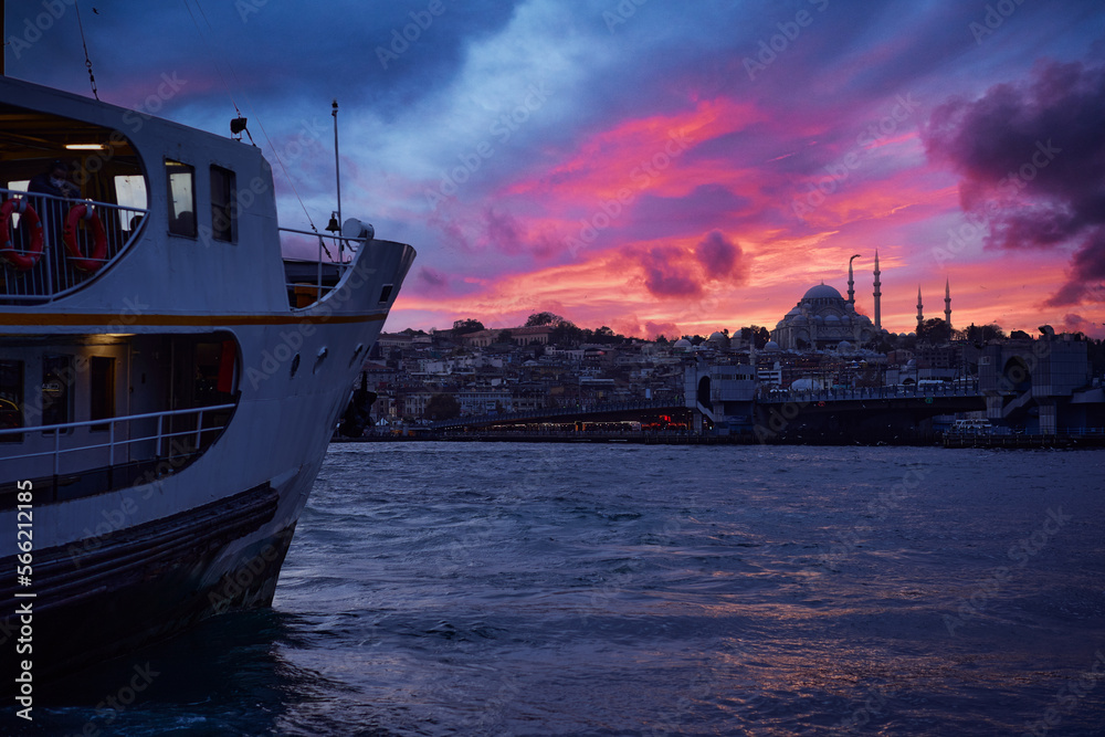 Travel by Turkey. Istanbul Ferryboat. Beautiful sunset landcape. Concept of transportation and traveling.