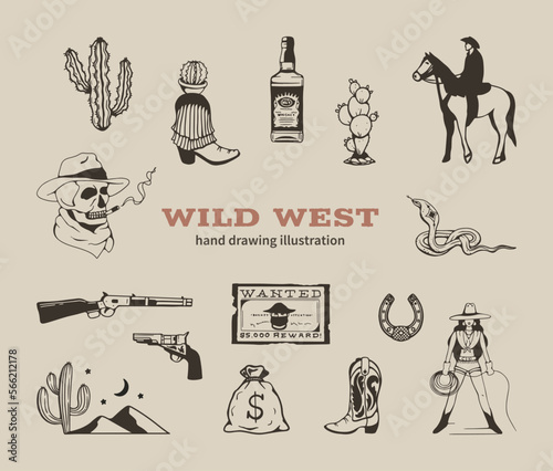Wild west collection hand drawing illustration