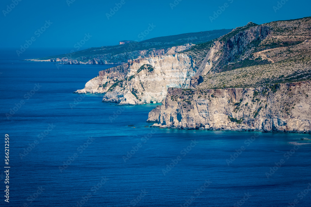 View of the high cliffs rising from the Mediterranean Sea near Keri on Zante, Zakynthos Island, Greece