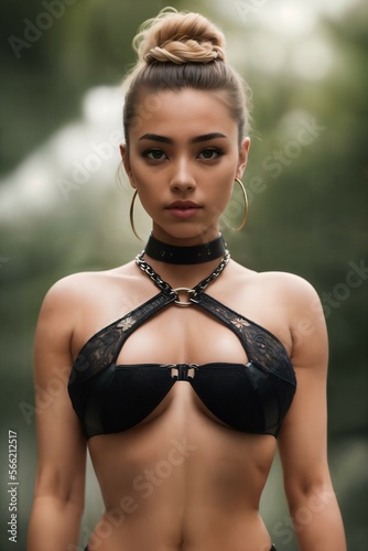 Sexy woman in black lingerie top and black lingerie fetish on body. Generative AI