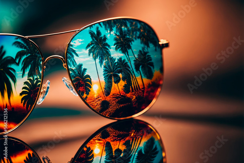 sunglasses with tropical beach reflection. vacation and relax concepts. generative ai © ArgitopIA