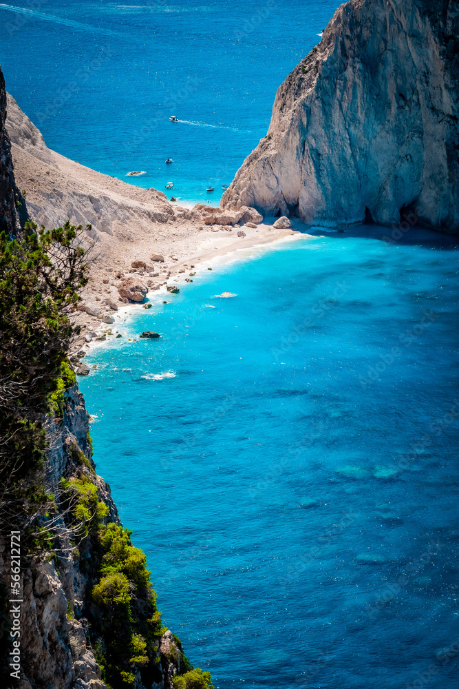 Myzithres beach, a secluded headland, one of the most scenic spots on the island of Zakynthos, Greece, with beautifully clear Mediterranean waters