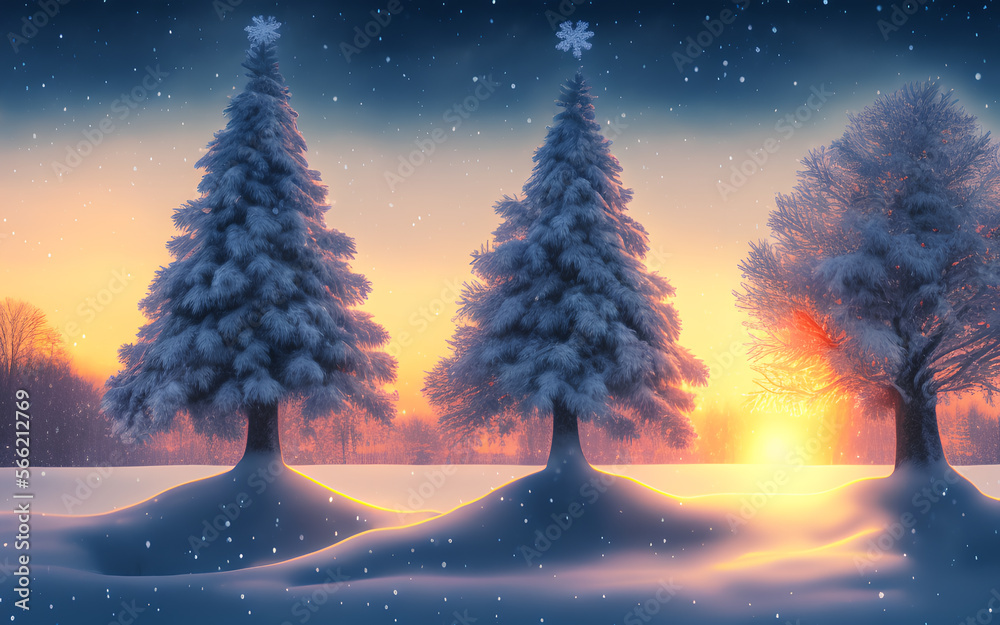 View Of Three Trees In The Snow at sunrise. Generative Al Illustration