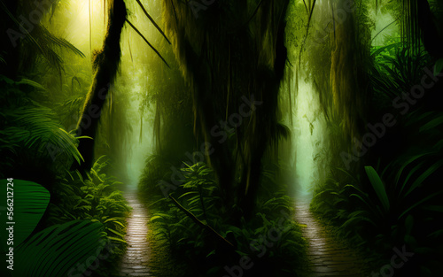 Dark jungle with footpath illuminated by magic light.Generative Al Illustration. photo