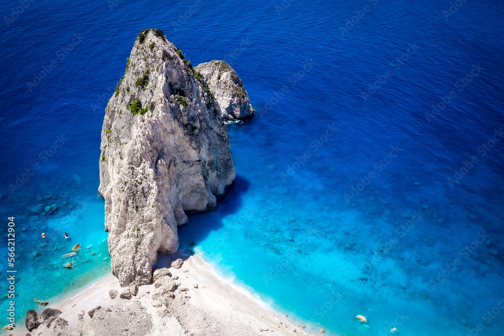 Myzithres beach, a secluded headland, one of the most scenic spots on the island of Zakynthos, Greece, with beautifully clear Mediterranean waters