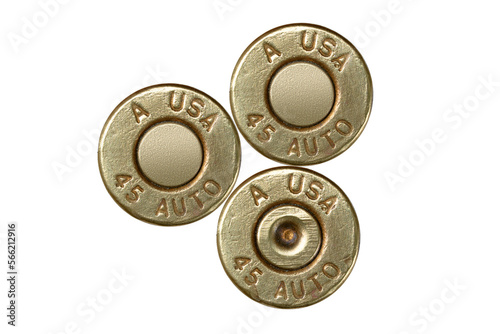 Pistol bullet casings on white background, top view