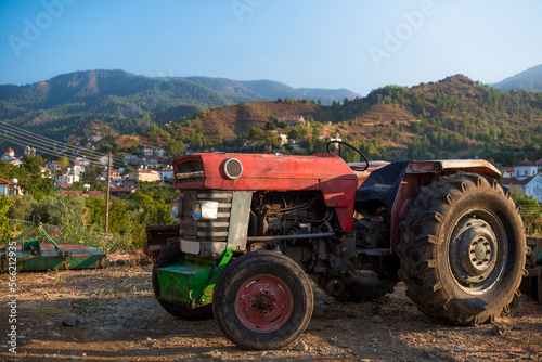 Old red tractor at Galata village. Nicosia District, Cyprus photo