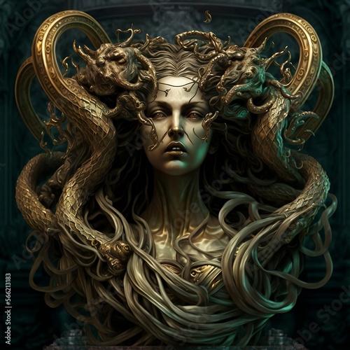 MEDUSA , woman , monstrous creatures with scaly bodies, bronze arms, golden wings, sharp tusks, and hair composed of a mass of writhing, hissing snakes , under the water , film , cinematic 