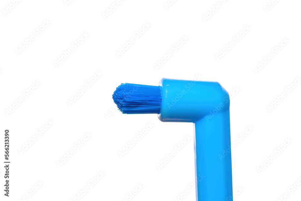 Single-tuft brush, blue toothbrush with single beam isolated on white background. New toothbrush, single-tufted brush with new bristles. Dental hygiene. Single-tuft brush, blue toothbrush with single beam isolated on white background. New toothbrush, single-tufted brush with new bristles. Dental hygiene.