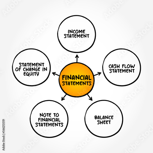 Types of Financial Statements - written records that convey the business activities and the financial performance of a company, mind map concept background