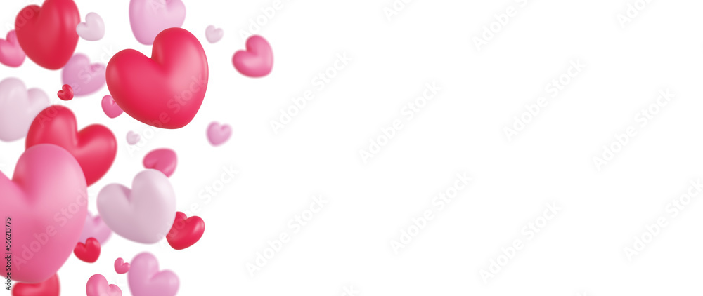 Valentine's day concept design of hearts on white background with copy space 3d render