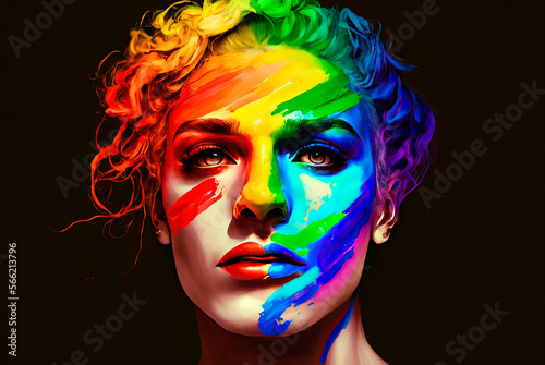Woman with her face painted with the colors of the LGBT flag. Generative AI