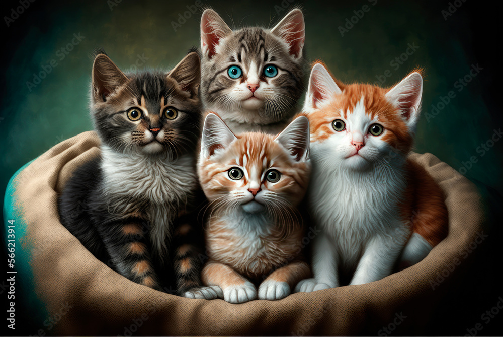 Portrait of adorable kittens posing sitting on a cat bed. Generative AI