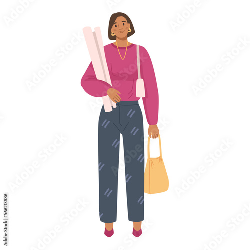 Female character carrying long paper roll and bag in hands. Isolated woman with personal belongings, going to work. Lady with project. Vector in flat style