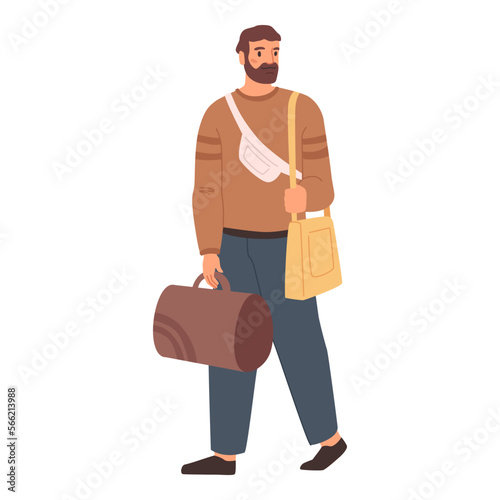 Male character walking and carrying baggage. Isolated man traveling or going to work. Personage with accessories containing personal stuff. Vector in flat style