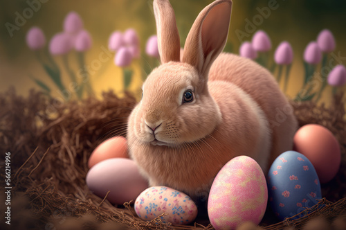 Cute Easter bunny in a nest with pastel colored easter eggs. Generative AI