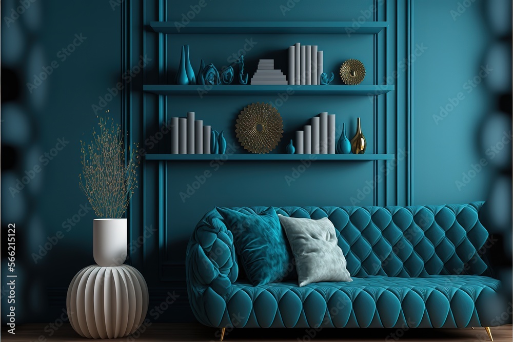 Luxury living room with a small blue navy color couch. Accent empty ...
