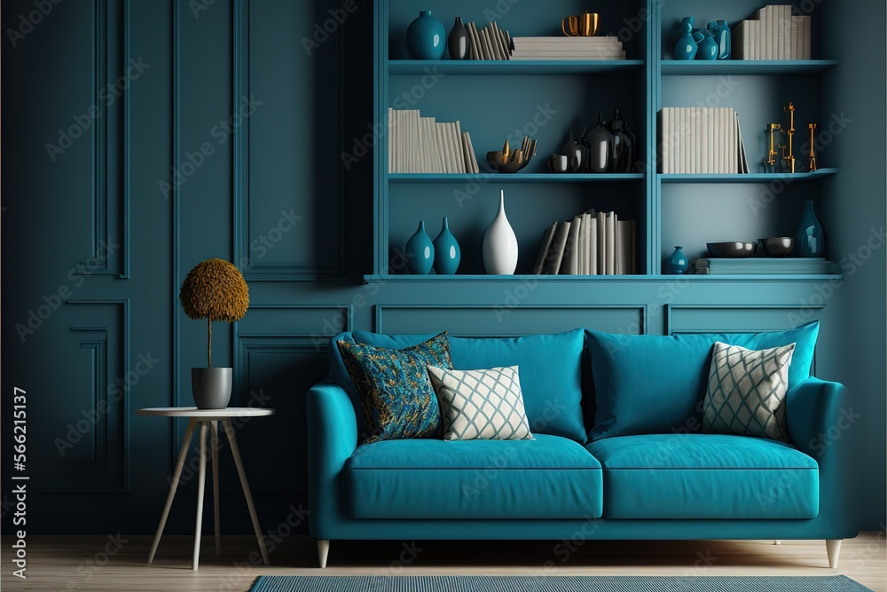 Luxury living room with a small blue navy color couch. Accent empty