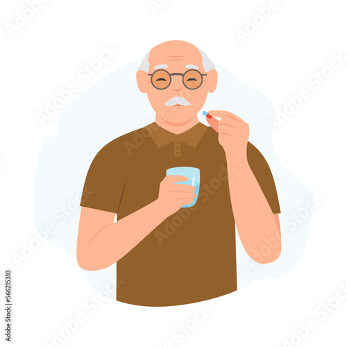 Senior man takes vitamin or supplement capsule pill with water. Elderly man holding glass of water in hands. Medication treatment, pharmacy and medicine, concept. Vector illustration
