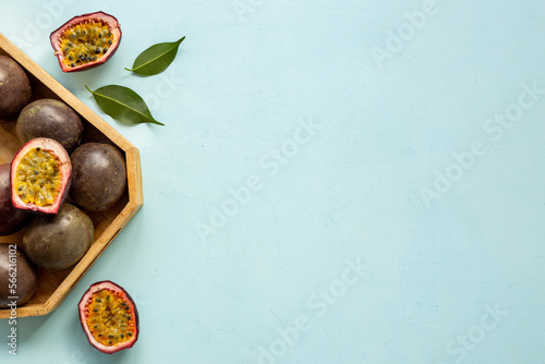Cut in half slice of ripe fresh passion fruits, top view