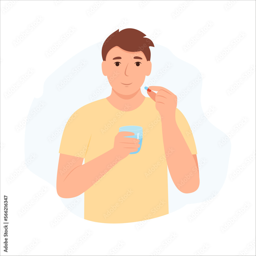 Man take vitamin or supplement capsule pill with water. Guy holding glass of water in hands. Medication treatment, pharmacy and medicine, concept. Vector illustration Man take vitamin or supplement capsule pill with water. Guy holding glass of water in hands. Medication treatment, pharmacy and medicine, concept. Vector illustration