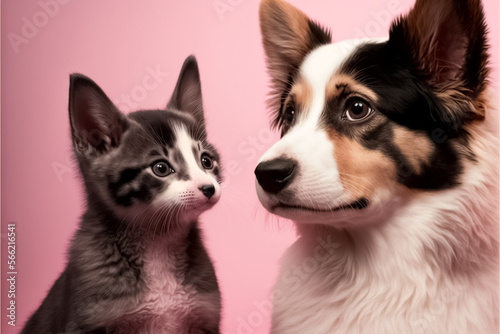 Cute puppy welsh corgi and kitten together on a pink background. Animal friendship. Generative AI 