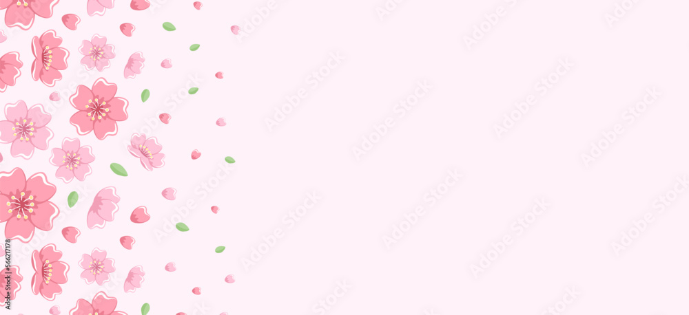 Cherry Blossom Banner Background. Falling Petals and Leaves Illustration.