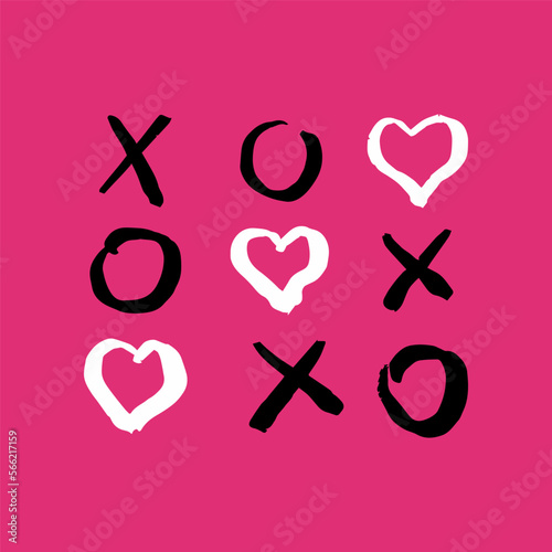Tic tac toe doodle game with cross and circle sign, cute heart mark isolated on white background. 