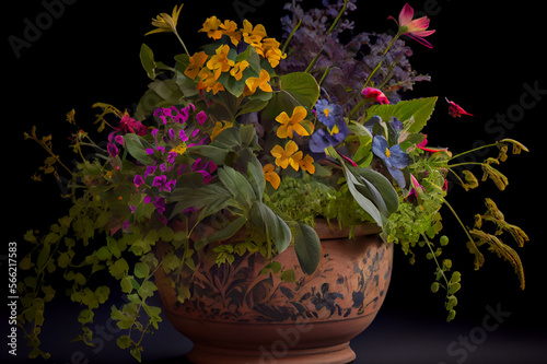 A flower pot filled with a mix of annuals and perennials, with trailing vines and bright blooms, generative ai