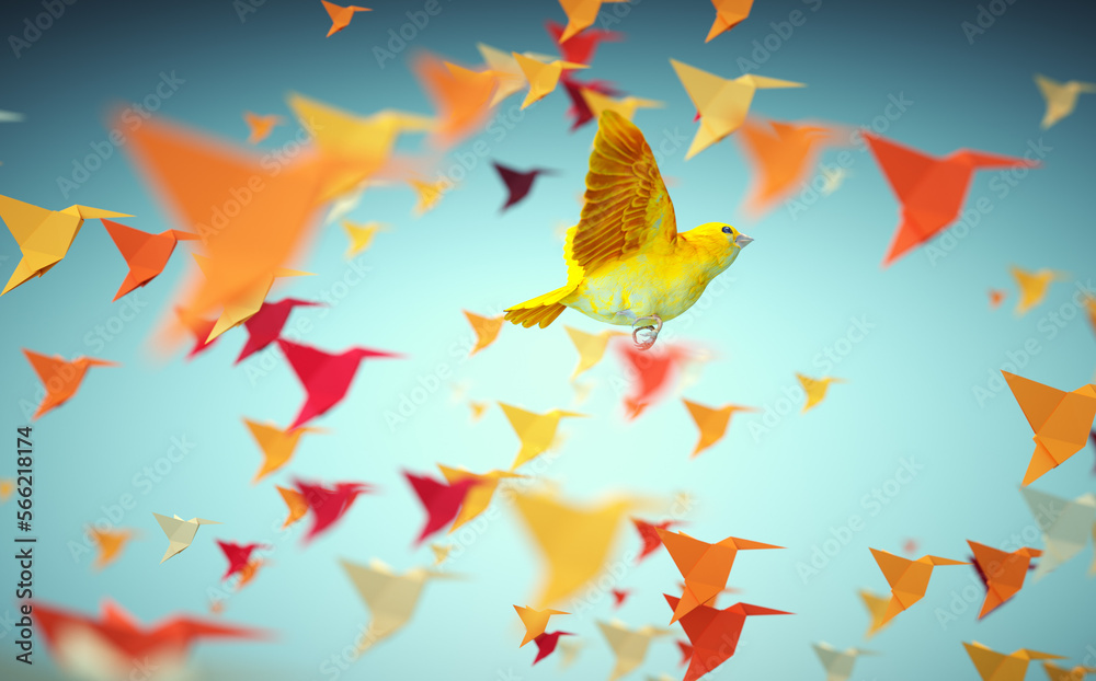 Bird flying with a group of origami birds. Think outside the box and be different concept. Bird flying with a group of origami birds. Think outside the box and be different concept.