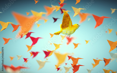 Bird flying with a group of origami birds. Think outside the box and be different concept.
