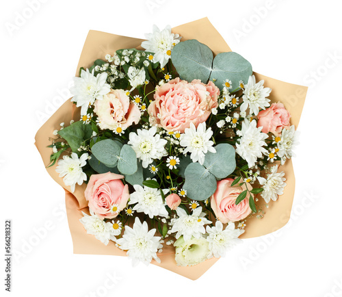 bouquet of roses, chrysanthemums, daisies and eucalyptus leaves in wrapping paper top view, on a white isolated background