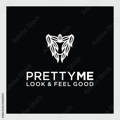 Elegant ornamental line art logo with a symmetrical leaf crest. Minimalist vector design for beauty, wellness, or fashion branding