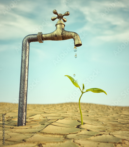 Faucet waterring a small plant on a dry land. Never give up and reconversion concept.
