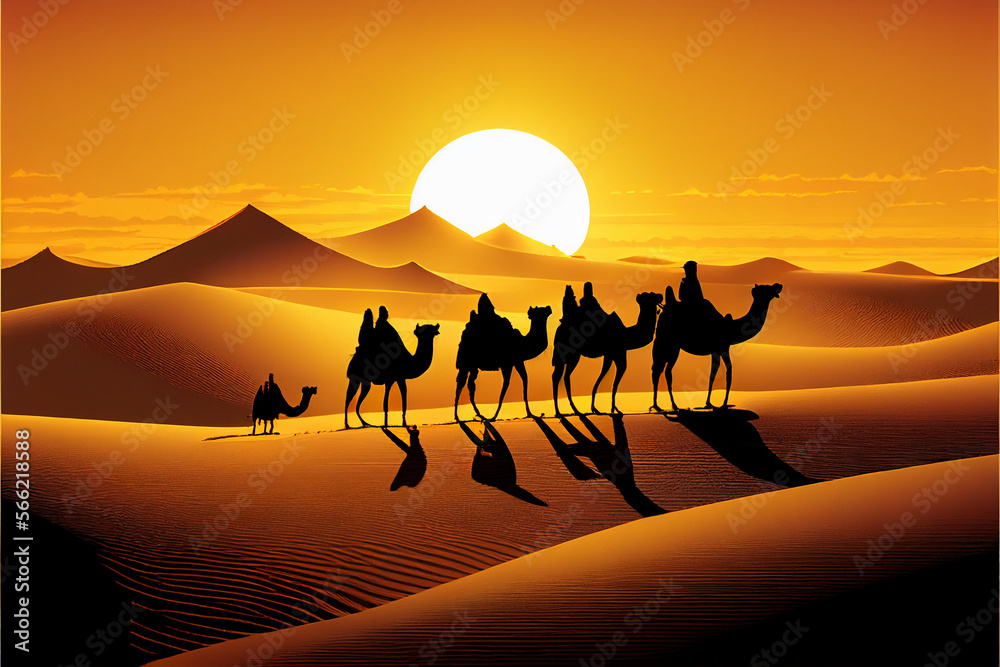 Camel caravan goes through the desert at sunset. AI generated. - obrazy, fototapety, plakaty 