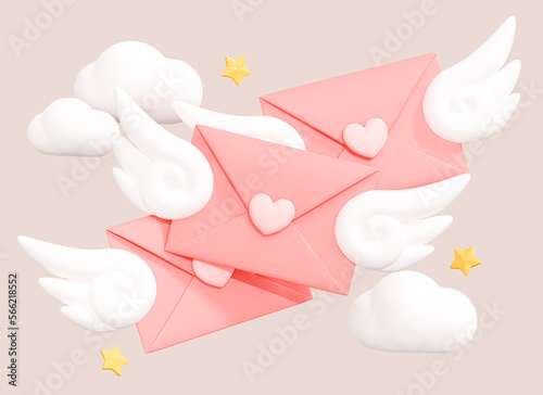 3D Happy Valentine's day. Pink paper letter envelope with angel wings. Fly love message. Be my Valentine. Mail letter with heart. Cartoon creative design icon isolated on background. 3D Rendering