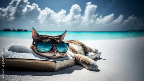 tabby cat with sunglasses laid on tropical beach, neural network generated image, vacationa relax concept photo