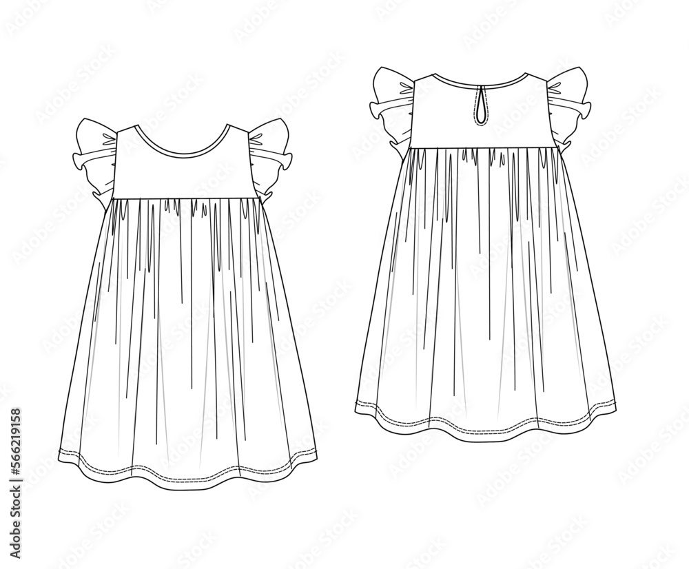 girl ruffle sleeve, round collar ,A line flowy,babydoll summer dress technical drawing girl ruffle sleeve, round collar ,A line flowy,babydoll summer dress technical drawing