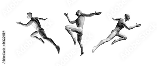 Men running in different directions. Marathon runner. Design for sport. 3D human body model. Vector for brochure, flyer, presentation, logo or banner.