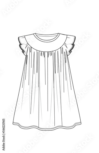girl ruffle sleeve, yoke summer dress technical drawing	
