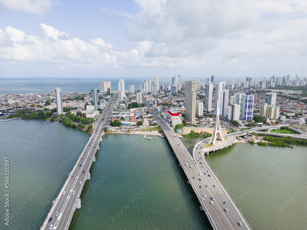 Aerial view of the cable-stayed bridge in the pina neighborhood in the city of recife, pernambuco, brazil
