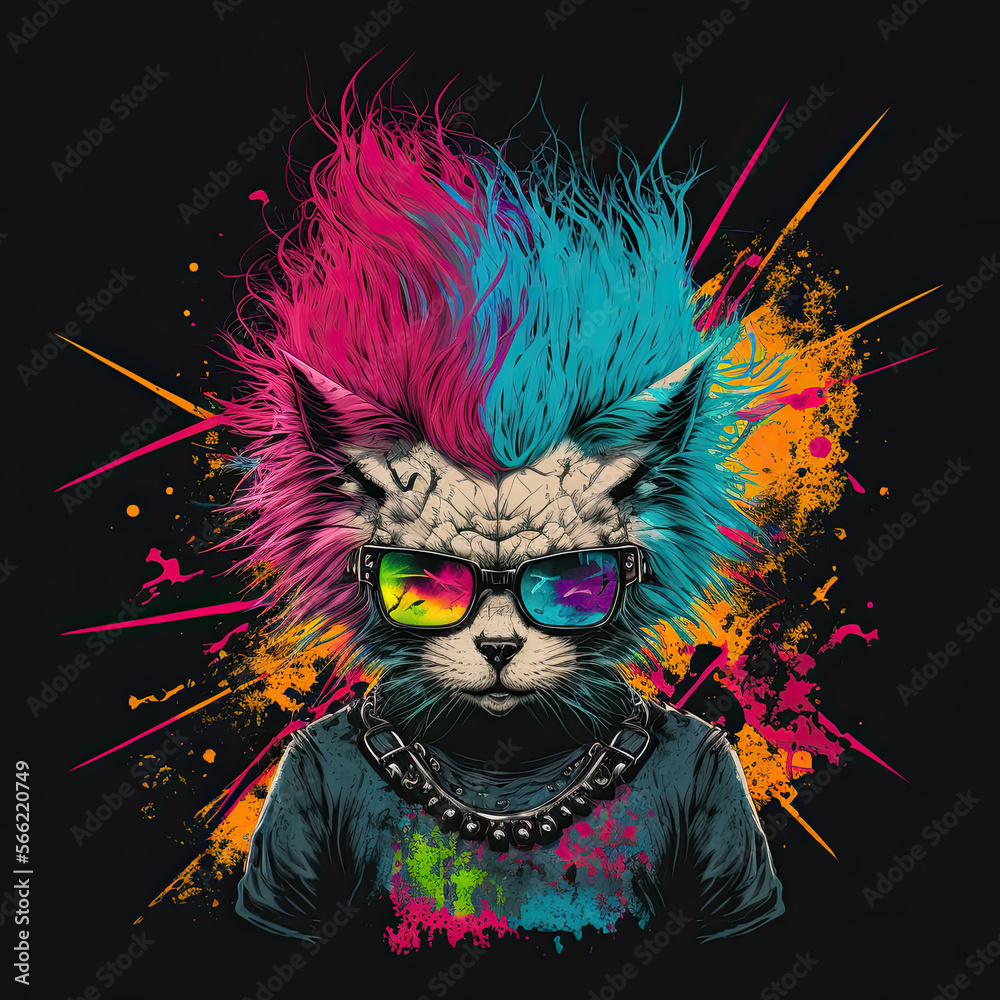 Drawing cat punk colorful art, Generative AI Drawing cat punk colorful art, Generative AI