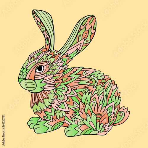Green and red decorative Easter bunny. Coloring page. Zen-art drawing of a rabbit.