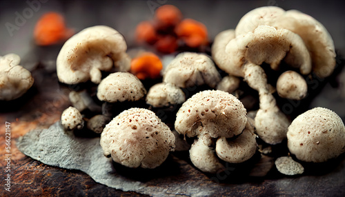 Raw mushrooms champignons on black background