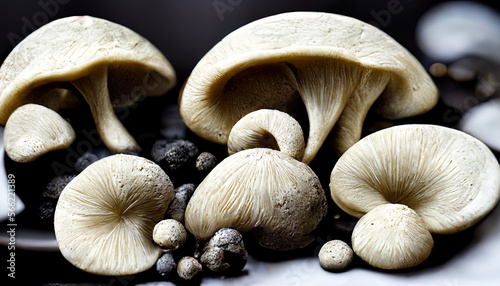 Raw mushrooms champignons on black background