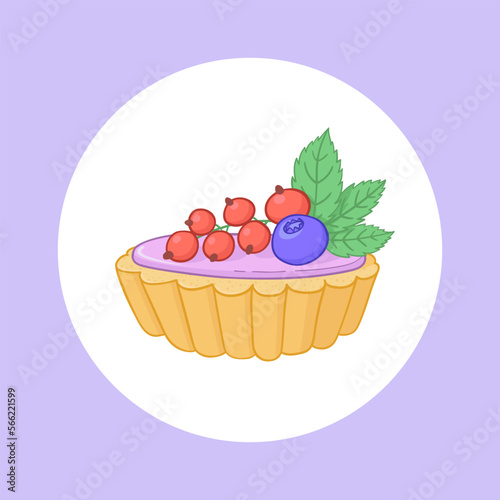 Illustration of custard tart with berries on top. Vector illustration of desert fruit tartlet. Sweet dessert poster.