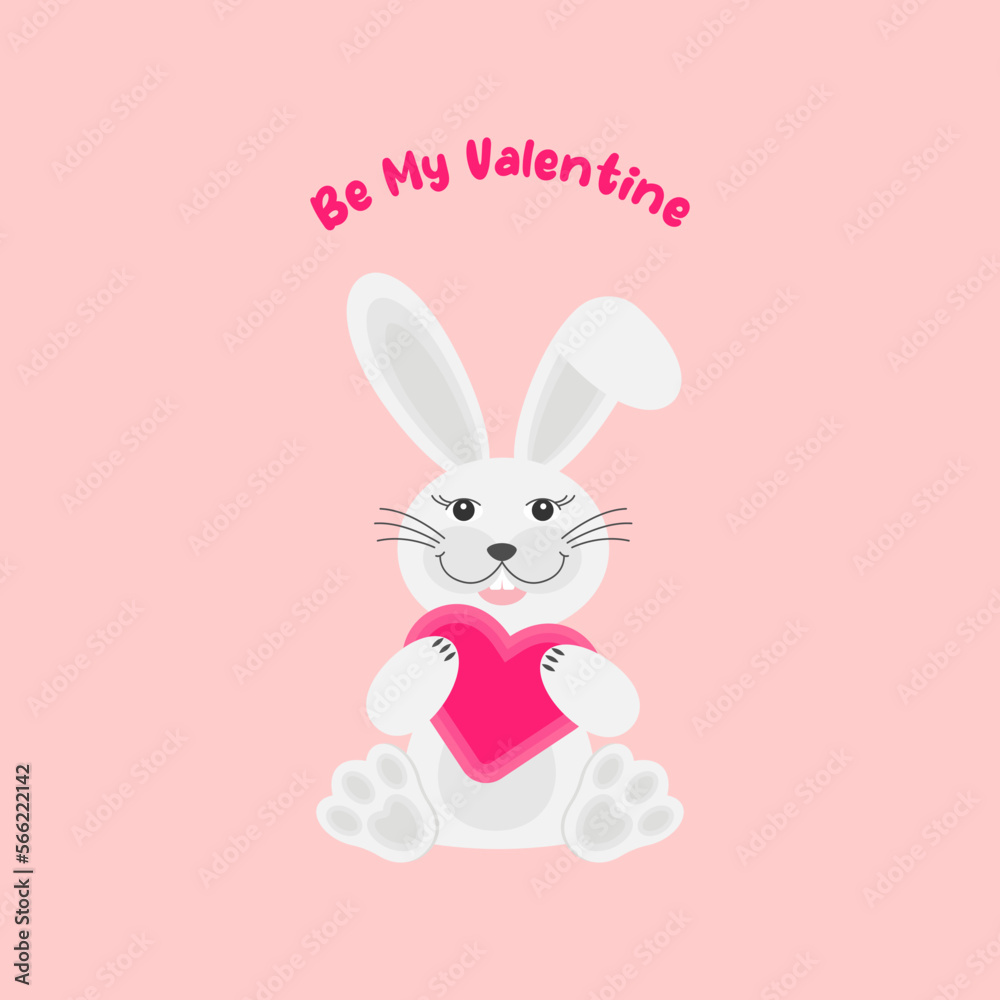 Cute rabbit with heart . Valentines Day greeting card, Illustration of Love and Valentine`s day. Vector illustration in cartoon flat style.