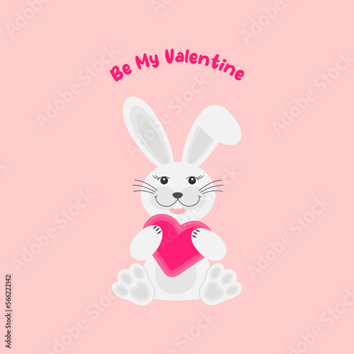 Cute rabbit with heart . Valentines Day greeting card, Illustration of Love and Valentine`s day. Vector illustration in cartoon flat style.