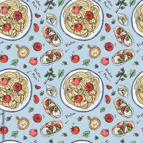 seamless pattern of colorful vector pasta with tomatoes