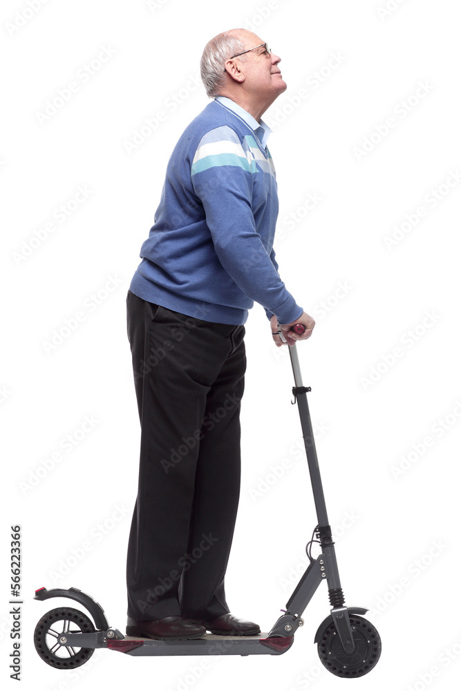 man with an electric scooter reading an ad on a white screen man with an electric scooter reading an ad on a white screen